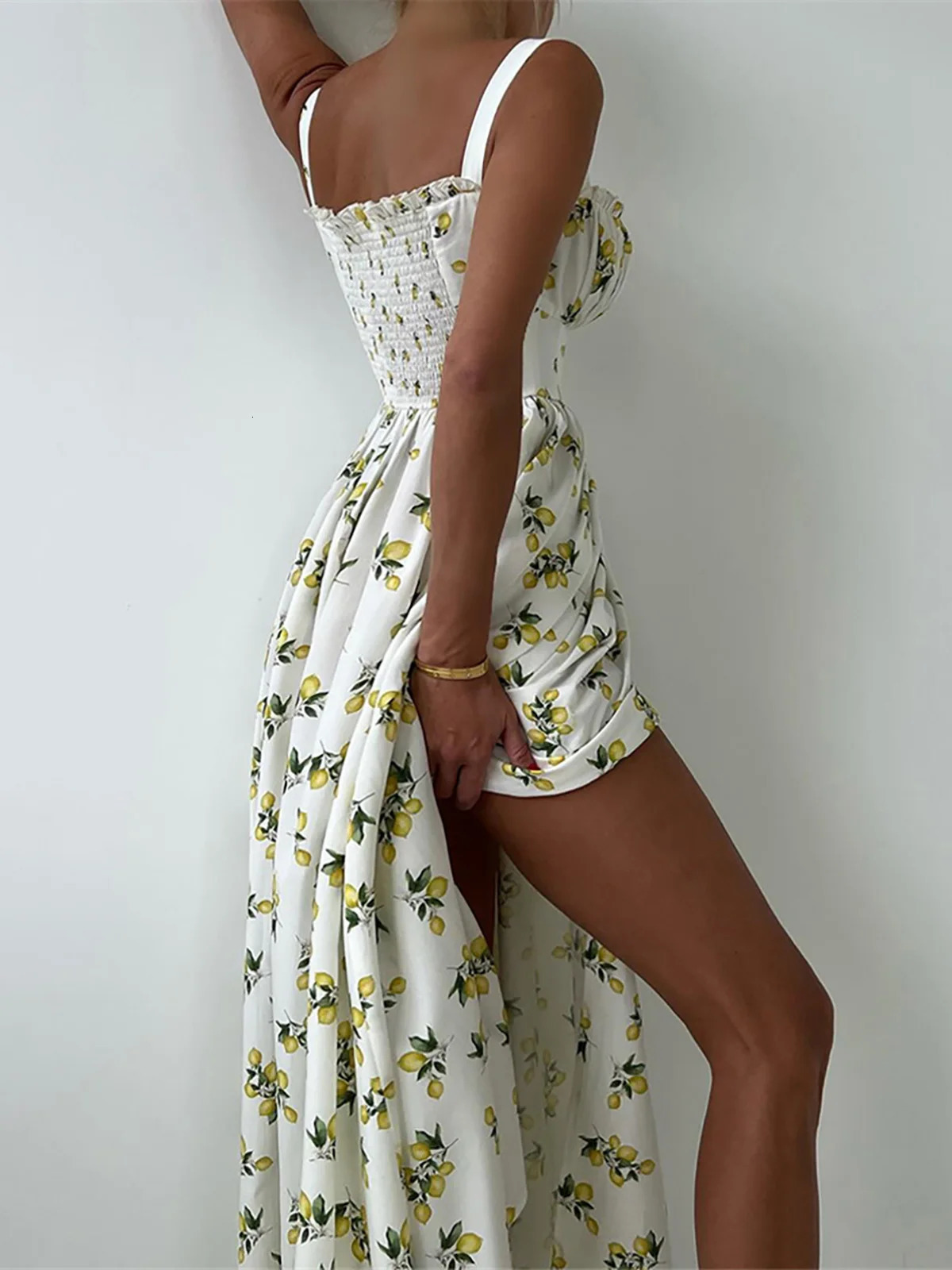 Lemon Printed V Neck Summer Dress Evening Party Bodycon Elegant Long For Women Tight Sleeveless Womens D555 250704