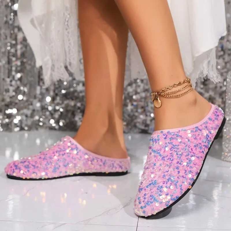 2024 Women Slippers Wedding Summer Rubber Black Shoes for Women Rhinestone Sandals Mules Slides Jewels Crystals Flat Korean Style W250704