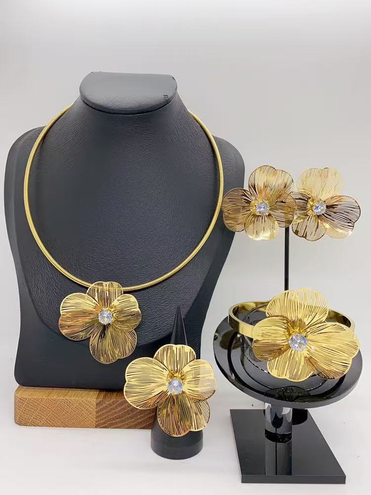 18K Gold Color Jewelry Set Ethiopian Simple Fashion est Earrings Necklace Bangle Ring Italy Pendant Jewelry Gift 240826