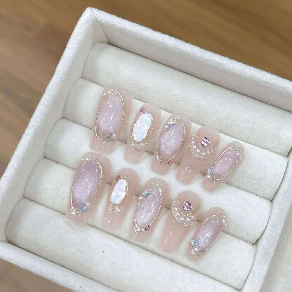 10Pcs Handmade Press on Long Ballet Blue Fake with 3D Ocean Moon Rhinestone Design False Nails Full Cover Nail Tips X250704
