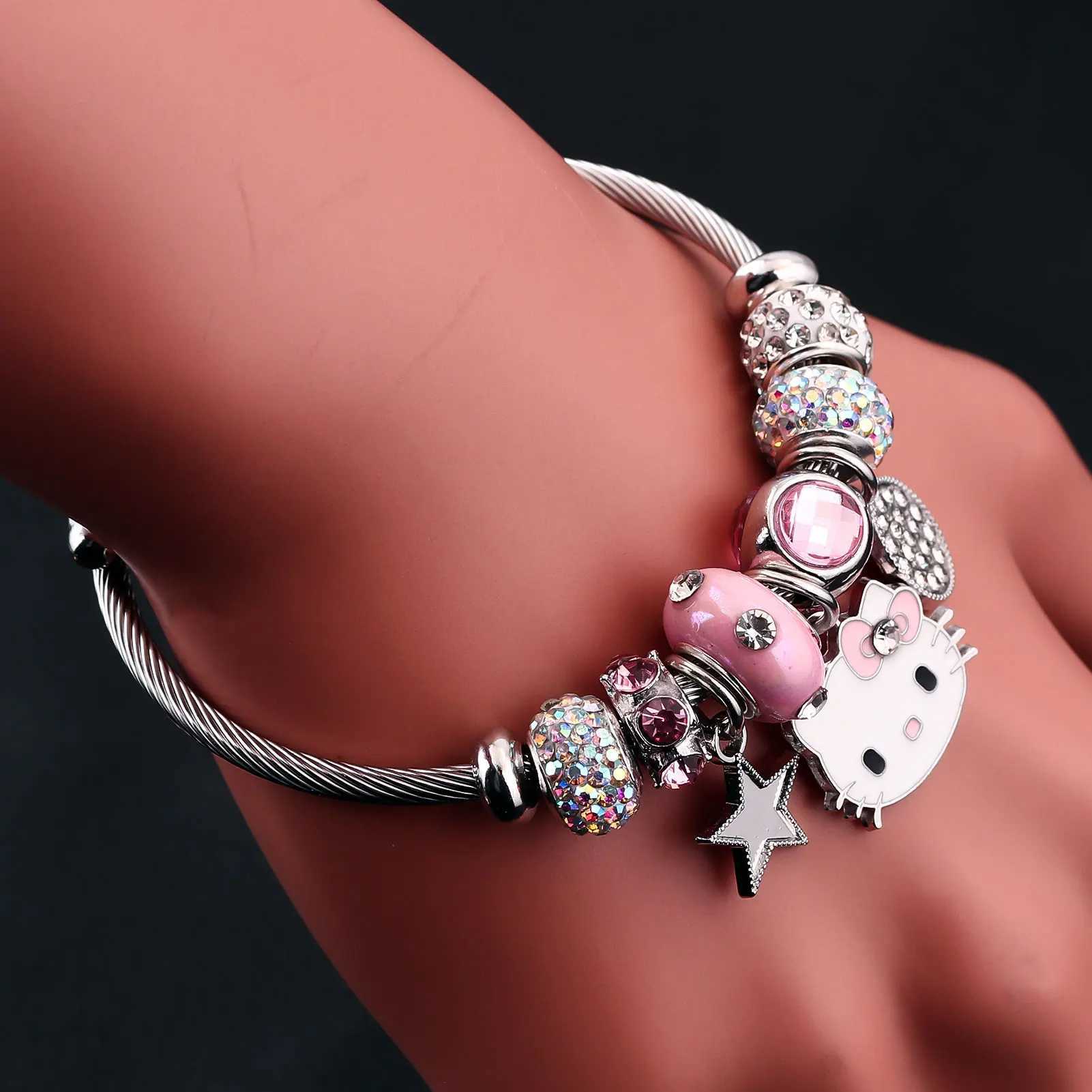 Sanrio Cute Girl Sanrio Pink Hello Kitty Colorful Enamel Bracelet Pendant Detachable DIY Bracelet Cosplay Props Gift for Women Jewelryw250716