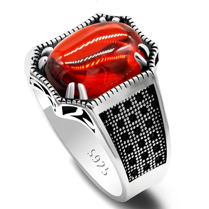 S925 Sterling Silver Mens Ring Grade A Red Zircon Handmade Jewelry Party Gift Fashion Retro Gift Turkiye 250716