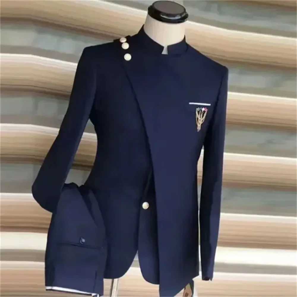 Navy Blue Mens Suits Single Breasted Stand Lapel Blazer African Style Formal Occasion Party 2 Piece Jacket Pants Costume Homme X250704