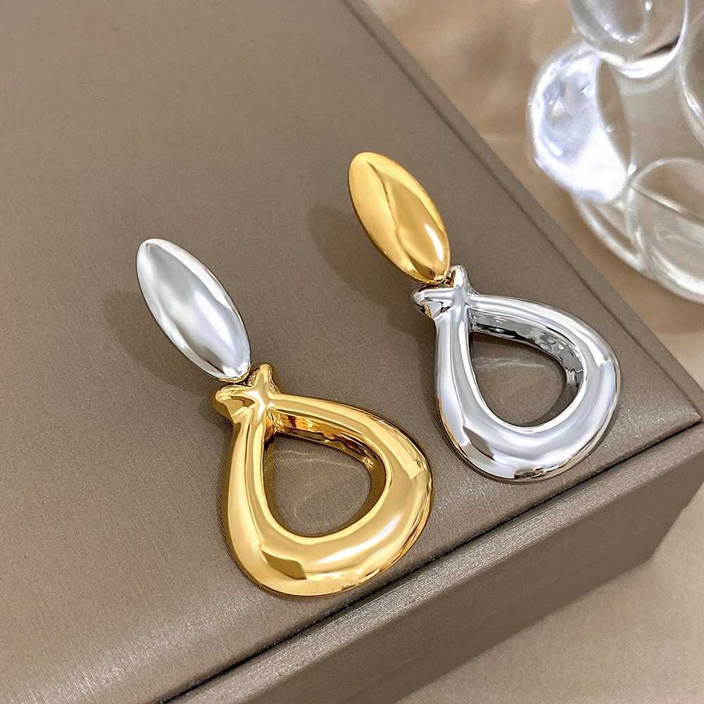 Greatera Fashion Two Tone Stainless Steel Water Drop Earrings for Women Gold Silver Color Hollow Dangle Earrings Party Jewelry Y250704