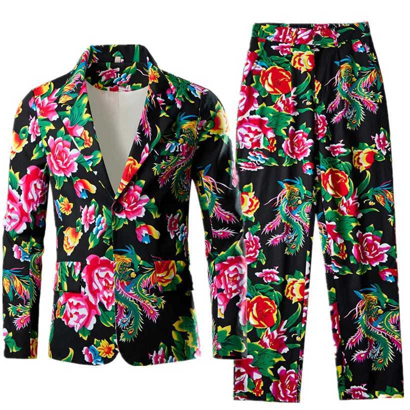 Navy Blu Mens 2-Piece Printed Suit Single Button V-Collar Cotton Jacket with Trousers Asian Fit M-5XL All-Season Wear X250704