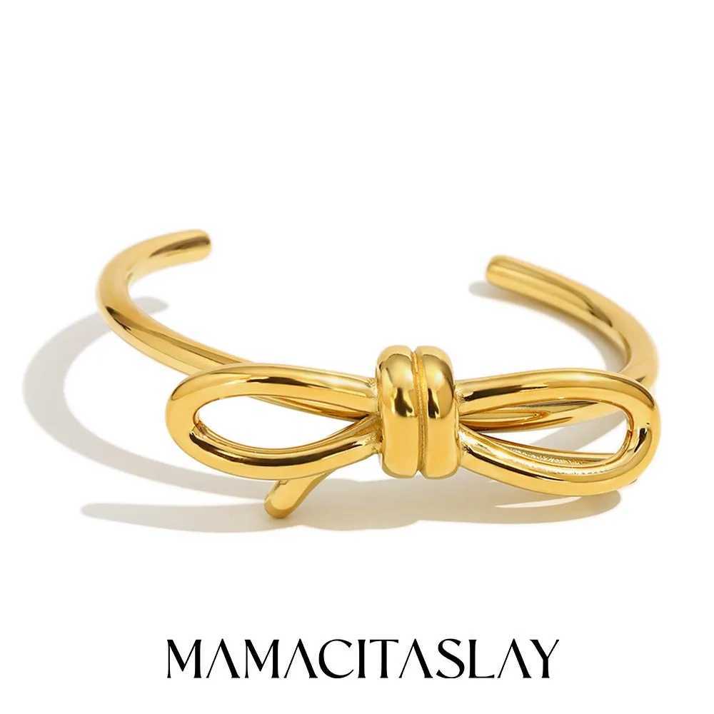MamacitaSlay 316L Stainless Steel Bow Opening Bracelet Party Waterproof 18K Gold Plated Jewelry Womens Statement Bracelet Gift Y250704