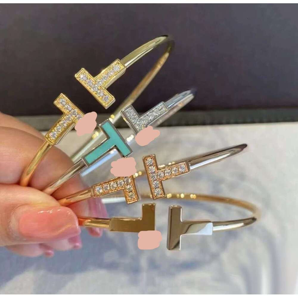 Luxury Diamond Elastic Open Bangle Letter T Bracelet, Double T-shaped 18K gold-plated Bracelet Hypoallergenic Fashion Bangles