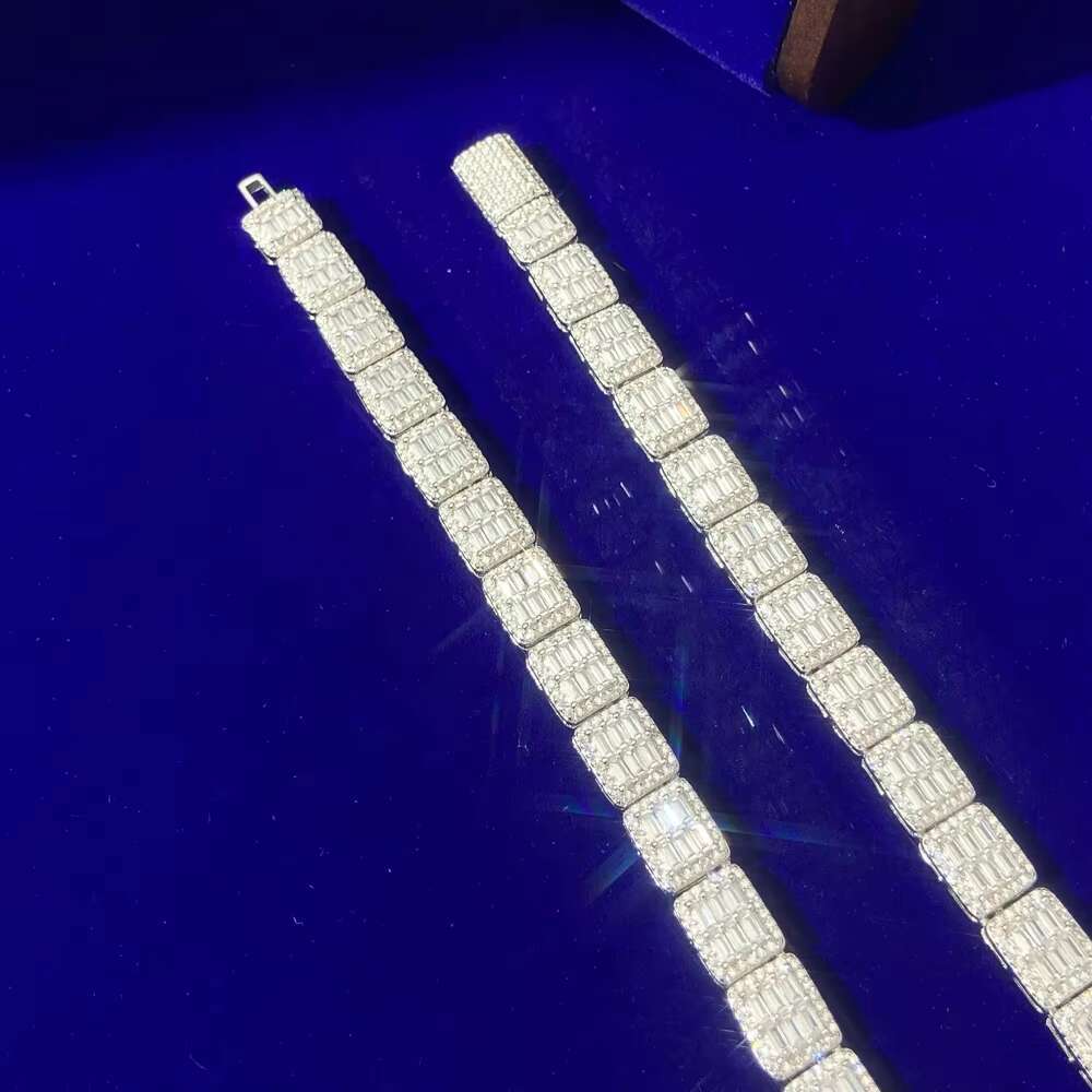 Hip Hop Jewelry VVS Moissanite Tennis Chain 925 Sterling Silver Emerald Baguette Square Necklace for Men