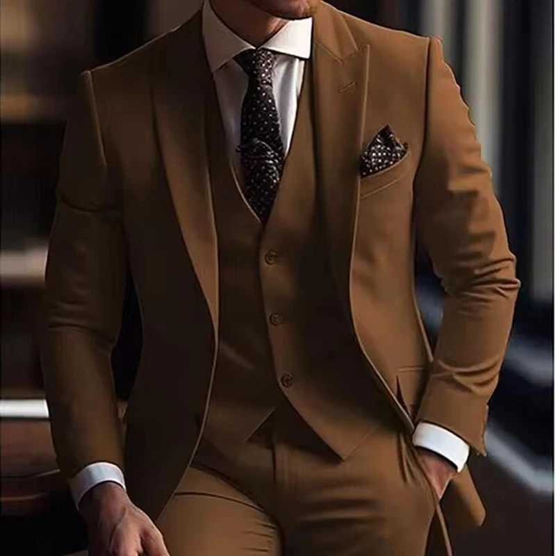 2025 Formal Brown Suits for Men Slim Fit Male Clothing Single Breasted Peak Lapel High Quality 3 Piece Jacket Pants Vest Sets X250704