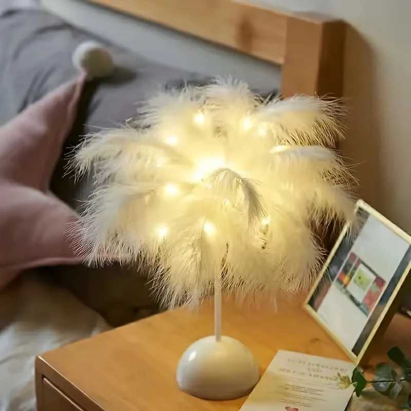 LED Feather Table Lamp Warm White Light Tree Feather Night Light Girl LED Wedding Decorative Lights Birthday Gift Home Decor NewXJ250703