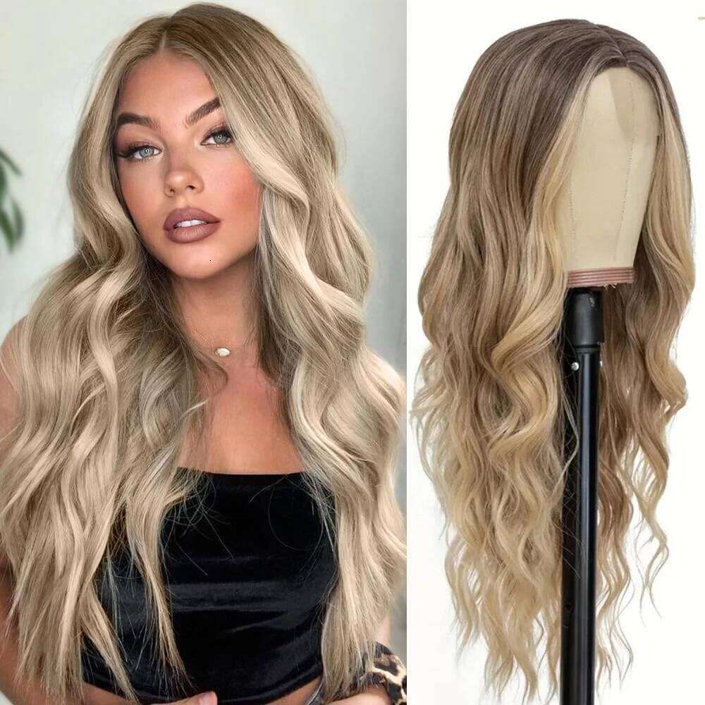 26 Inch Long Ash Women Ombre Blonde Highlight Wigs Middle Part Synthetic Lace Wig for Daily Cosplay Party Use