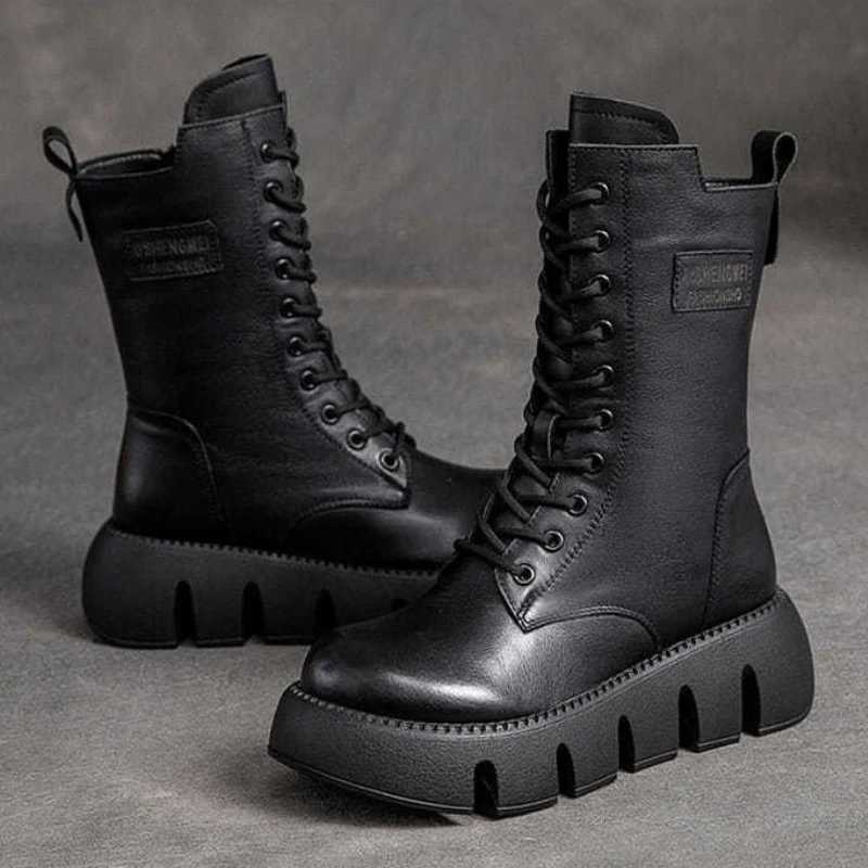 Winter Leather Women Boots Round Toe Mid-heel Ankle Boots for Women Lace Up Warm Snow Boots Lady Platform Bikerboots Women Z250704