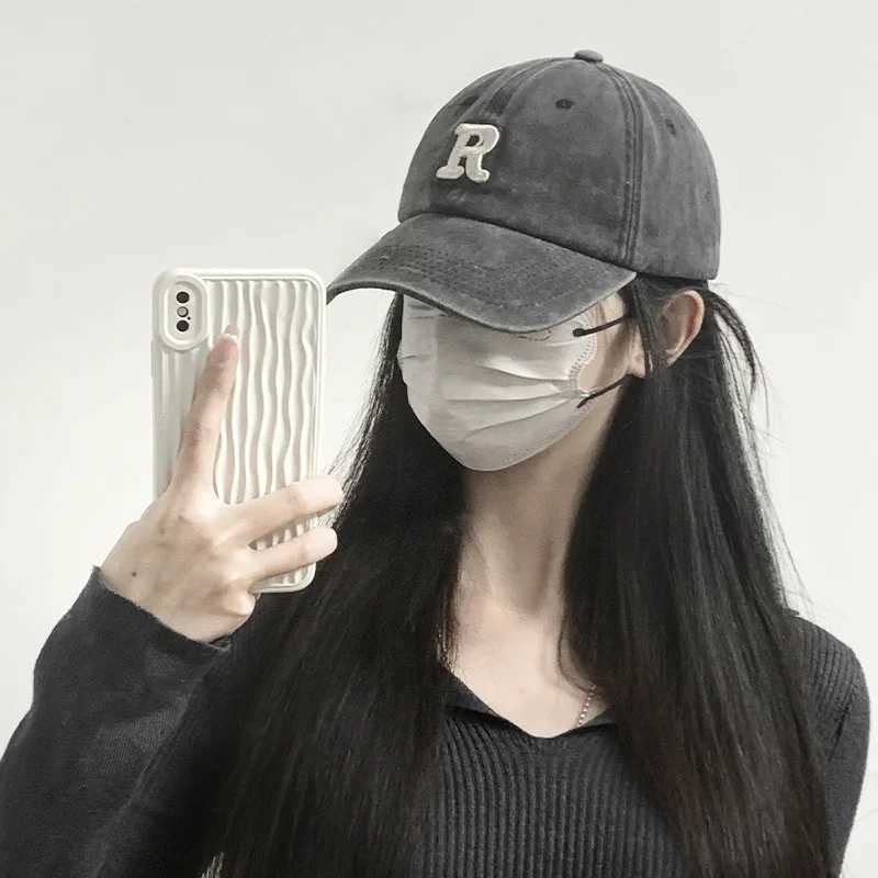R Letter Embroidery Baseball Cap Vintage Washed Cotton Men Wen Snapback Hat Casual Adjustable Unisex Duck Tongue Caps X250704