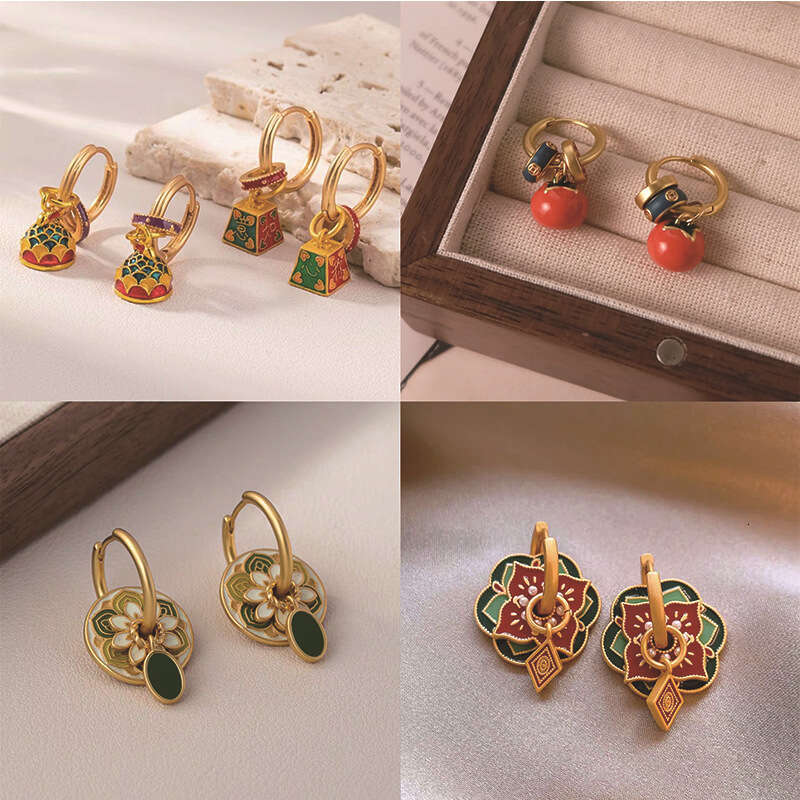 DHcollections Chinese Style Enamel Earrings - Adjustable Vintage Dangle Earrings with Lucky Motifs | New Asian Fashion Boho Ethnic Jewelry