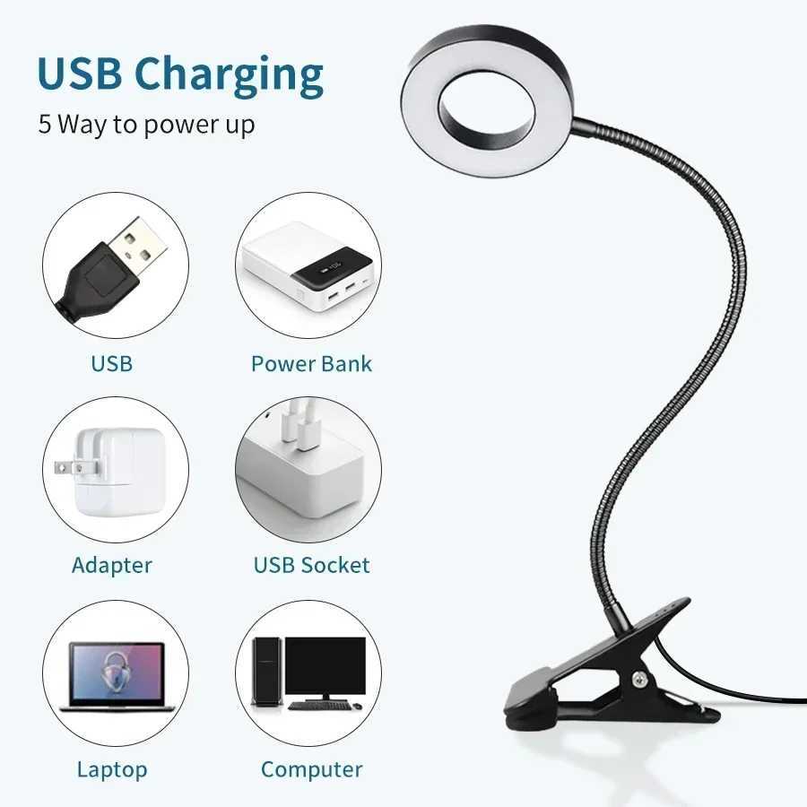 LED Desk Clip Study Lamp USB 3 Colours Adjustable Bedside Desk Night Lamp Multi-purpose Flexible Black Reading LightsXJ250703
