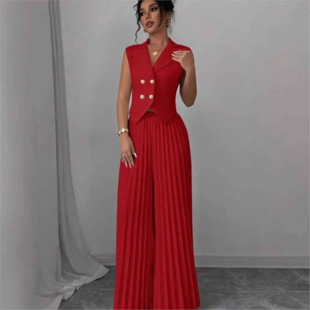 2025 Summer Womens Fashionable Casual Lapel Suit Elegant Commuting Solid Color Slveless Top + Trousers Sexy Two-piece Set X250704