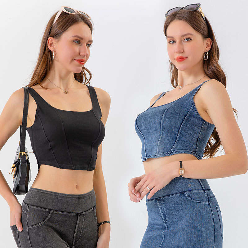 New European and American Style Denim Yoga Sports Vest for Women U-Shaped Elastic Slimming Beautiful Back Quick-Dry Outdoor Fitness Top