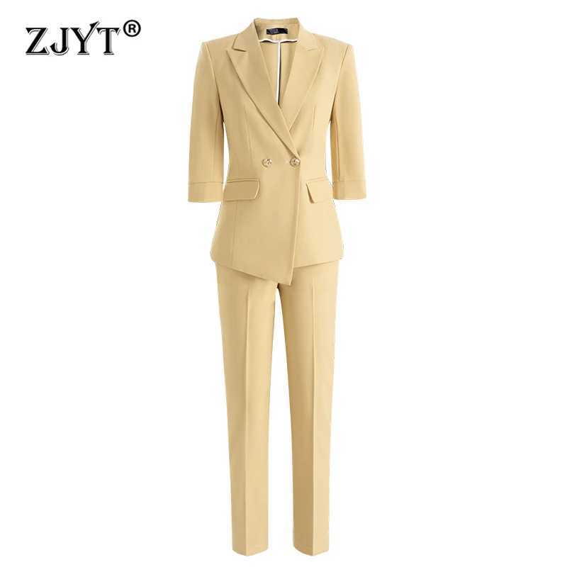 ZJYT Spring Summer Pant Set Women Office Business Formal Thr Quarter Slve Blazer Trousers Suit 2 Piece Outfit Plus Size X250704