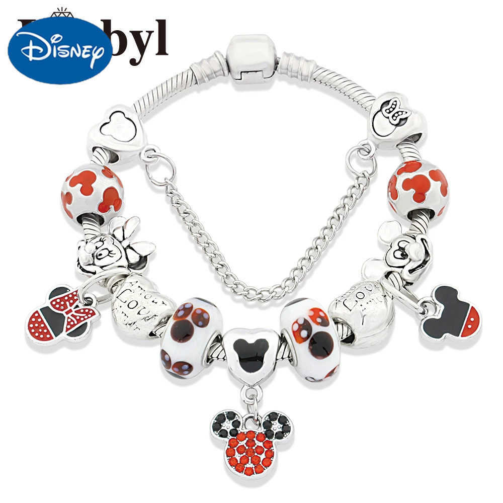 DISNEY Classic Red Enamel Heart Mickey Minnie Charm Bracelet for Women Girl Boy Gift Silver Color Cartoon Animal Disney Beads Bracelets W20250704