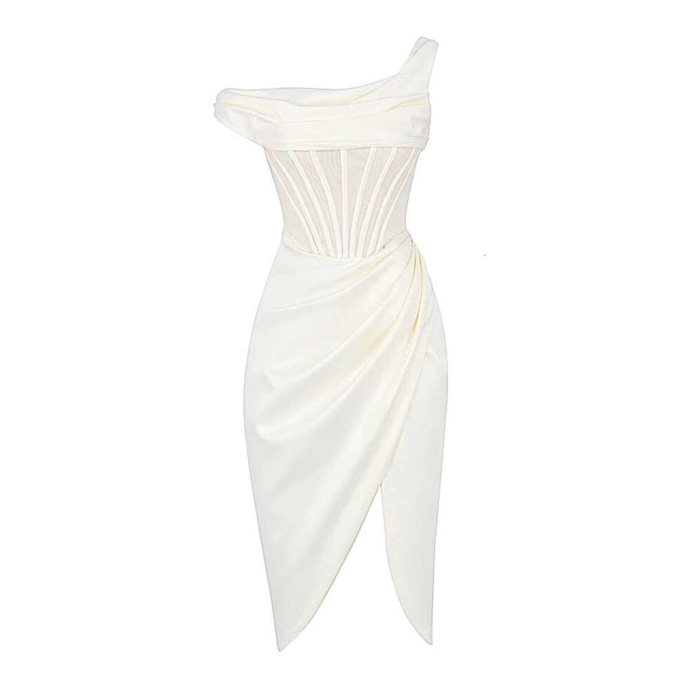 White Skirt Maxi Skirt Summer Niche Design Irregular Asymmetric Shoulder Fishbone Waist High Slit Sexy Goddess Dress Gown Long Skirt