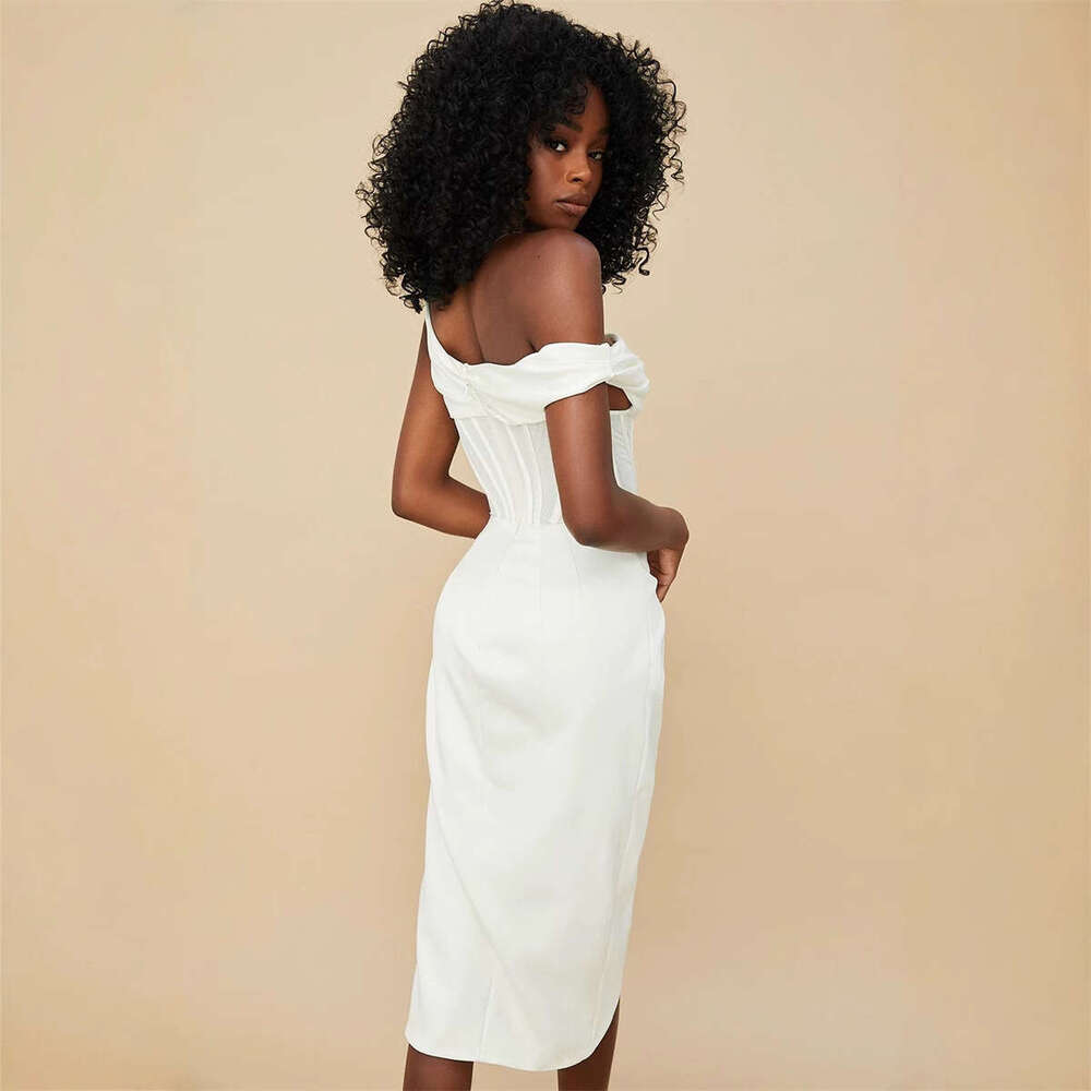 White Skirt Maxi Skirt Summer Niche Design Irregular Asymmetric Shoulder Fishbone Waist High Slit Sexy Goddess Dress Gown Long Skirt
