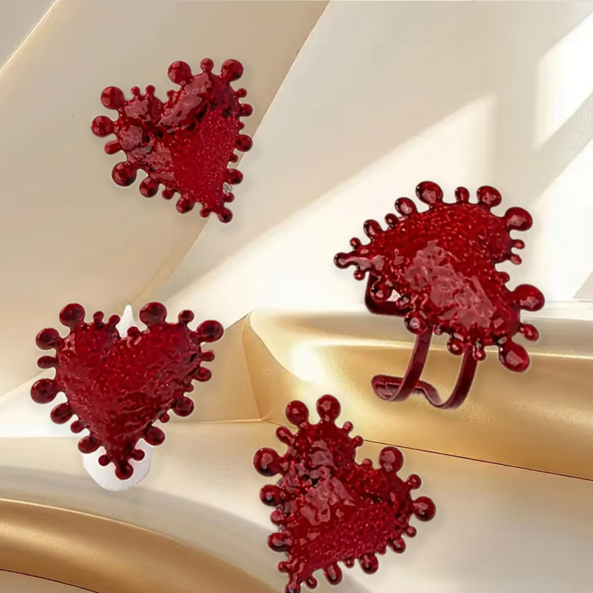 Niche Design Red Heart Earrings Ring Bracelet Light Exquisite Jewelry Set
