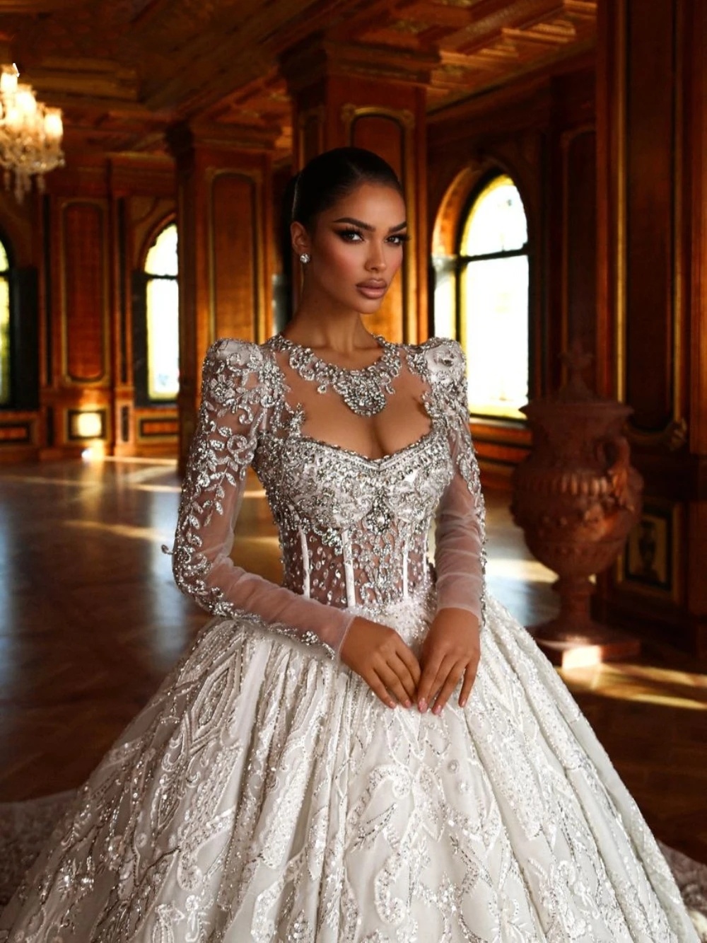 Gorgeous Wedding Dresses Rhinestone Bridal Ball Gowns Crystal Long Sleeves O Neck Princess Sweep Train Customized Bride Vestidos De Novia Plus Size