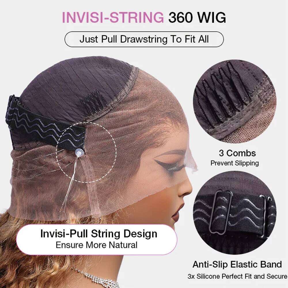 Invisi-Strap Full Human Hair Pre Plucked 250 Density Highlight Deep Wave Wigs Colored HD 360 Lace Frontal Wig