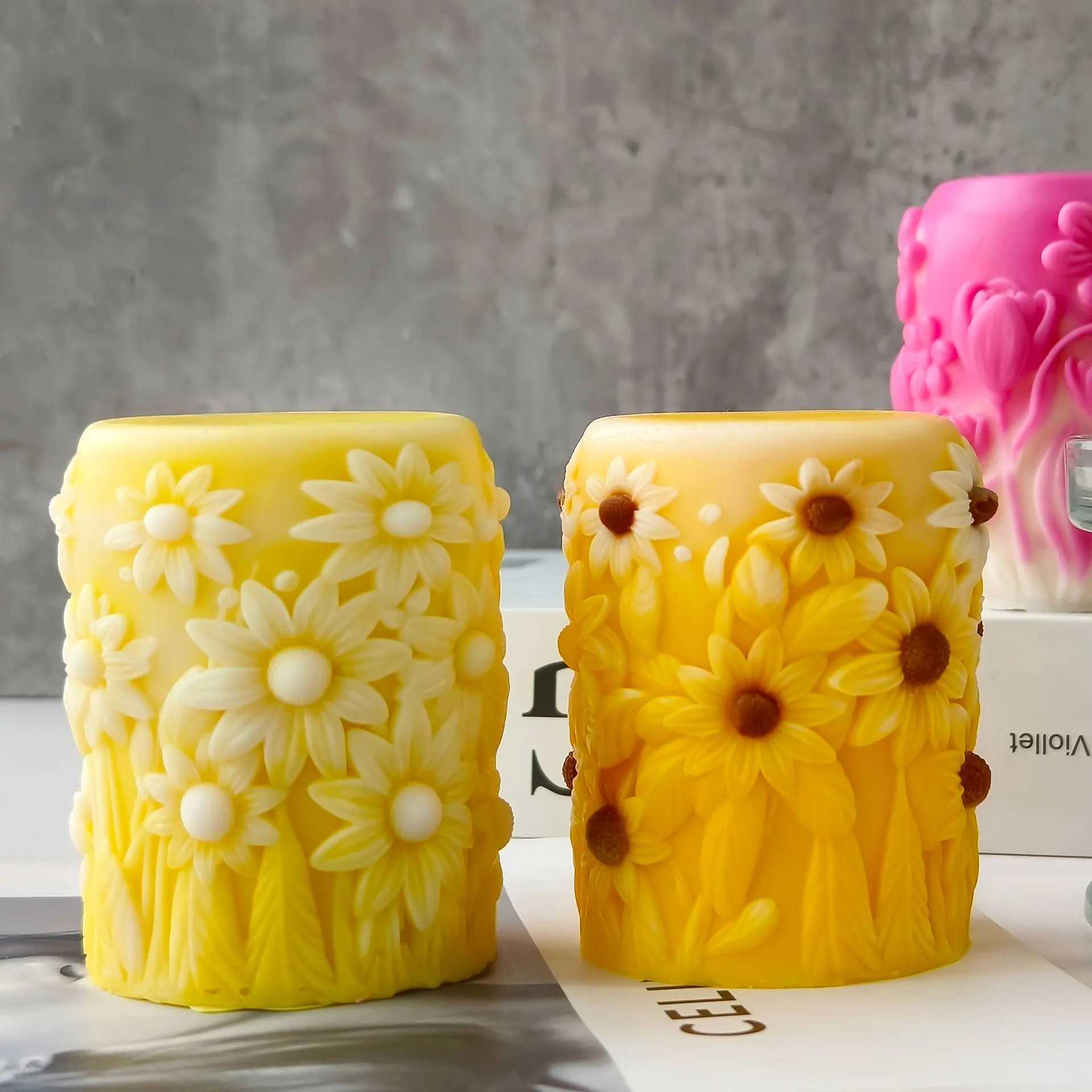 Handmade Aroma candle PlasterOmament Flowers Pillar Molds HomeDecoration 3D cylinder Maple BloomingTulip Silicone Mold W250704