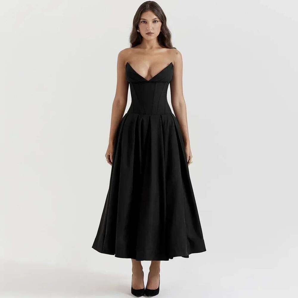 Suninheart Black Elegant Wedding Events Sexy Strapless Corset Dress Midi Christmas Party Dresses for Women Clothing