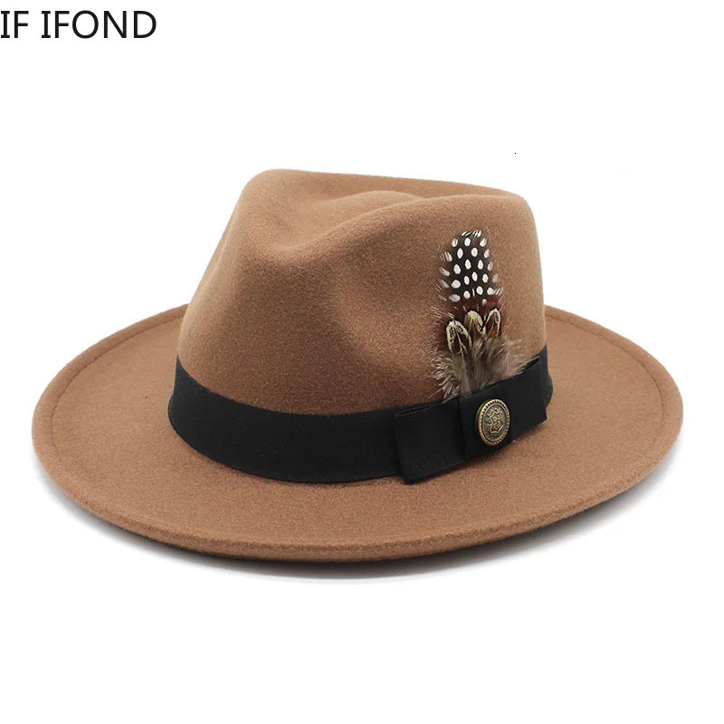 Feather band Wool Felt Fedora Hat Men Curved Brim Panama Party Trilby Cowboy Cap Gentleman Wedding Jazz Hat 250701
