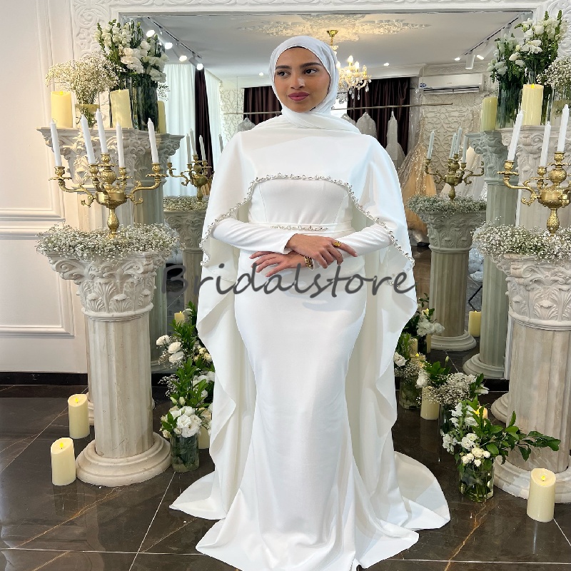 Gypsy Elegant Arabic Muslim Wedding Dress With Cape Bohemian Chiffon Long Sleeve Islamic Bride Dress Beaded Civil Bridal Bohemian Robe De Mariee 2025 