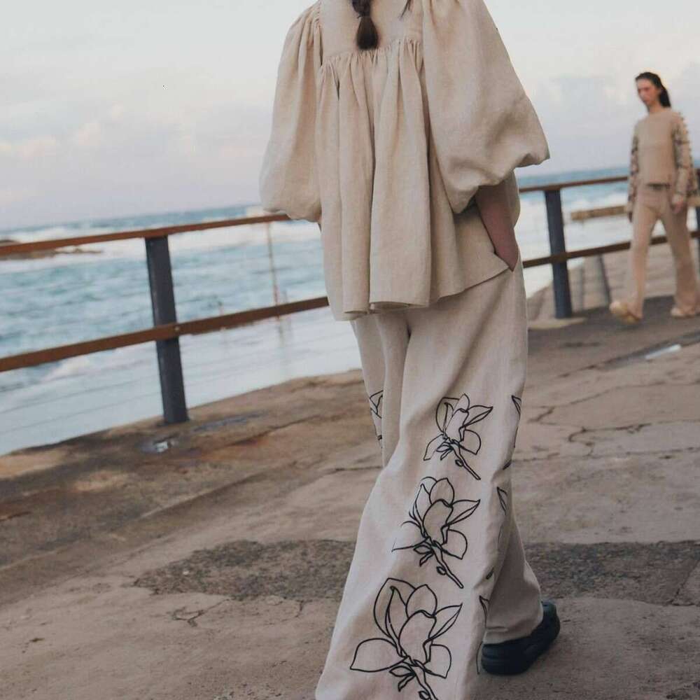 Fashion cotton linen printed wide leg pants set for Europe America spring summer 2025, with versatile temperament and trendy clothing in ins