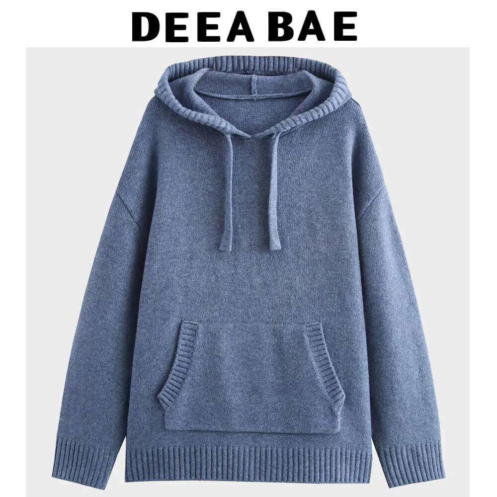 DEEABAE Korean Style Women's Clothing New Loose Lace Up Hooded Long Sleeved Kangaroo Pocket Ribbed Layer Knitwear Hoodie 250704