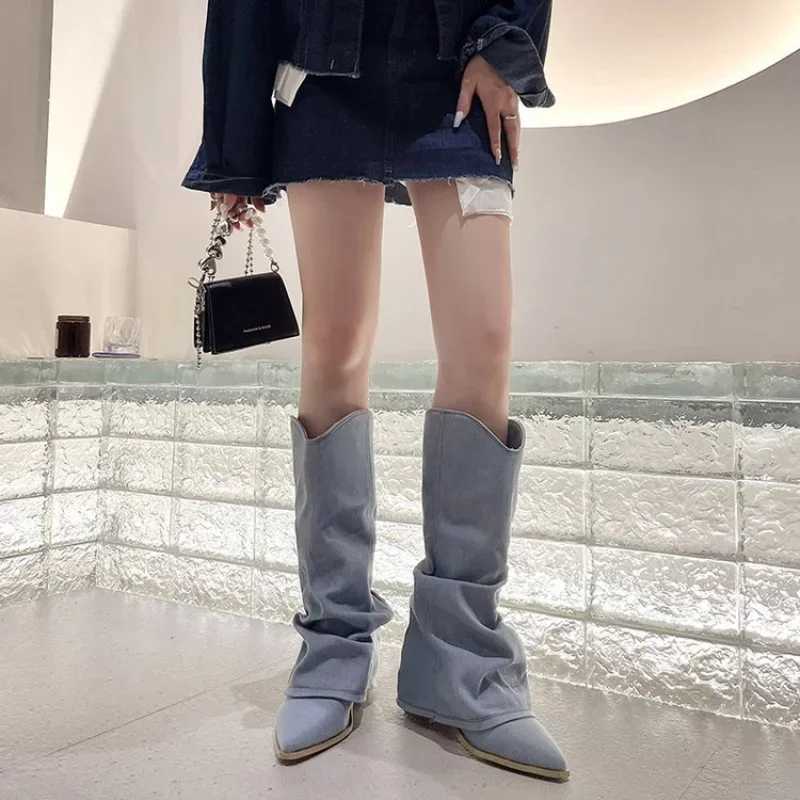 Women Pleats Blue Denim Thigh High Boots Autumn New Thick Heeled Pointed Toe Cowboy Boots Woman Slip On Western Long Boots Z250704
