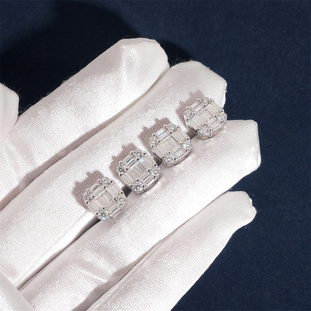 New Arrival Hip Hop Design Baguette Diamond VVS Iced Out Moissanite Stud Earrings for Men