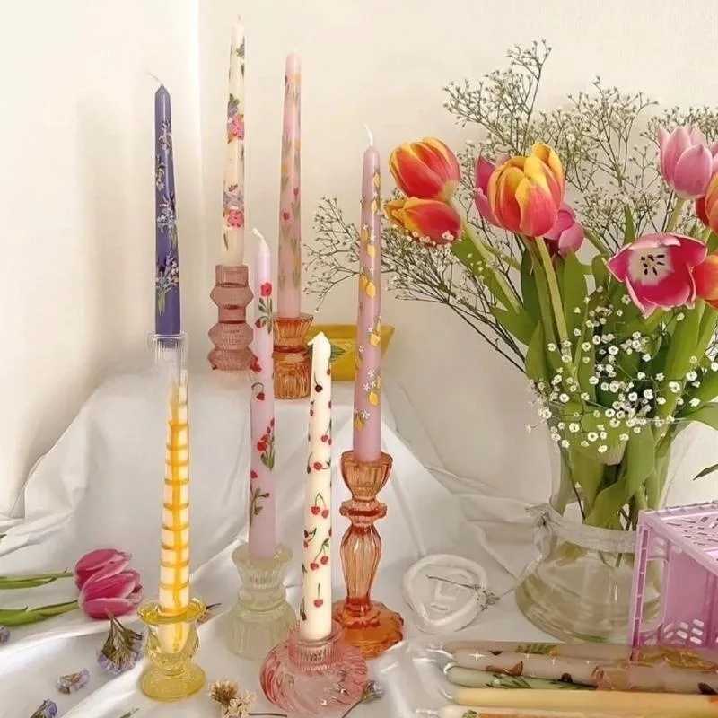 Christmas Long Scented Candle Heart-shaped Floral Print Romantic Girl Party Candlelight Dinner Long Candle Stick Home Decoration W250704