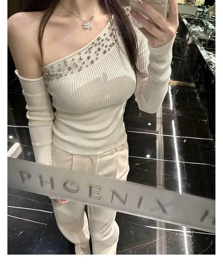 Neck Off Shoulder Elegant Pullover Knitted Top Pull Femme Irregular Diamond Sweaters Bottom Shirts Korean Fashion Slim Sexy 250703