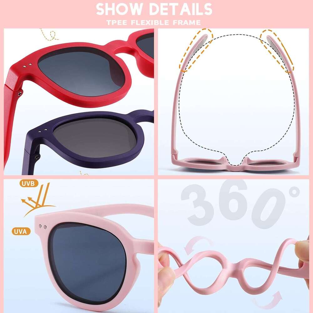 Polarized 3 Kids Square Sunglasses TPEE Rubber Flexible Frame for Boys Girls Toddler Age 3-12, 100% UV400 Protection 3-12, 100%