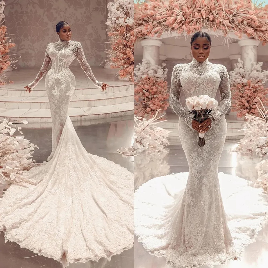 Muslim Lace Mermaid Wedding Dresses 2025 High Neck Long Sleeve Robe De Soiree Boho Bridal Gowns Custom Made Bride Dress