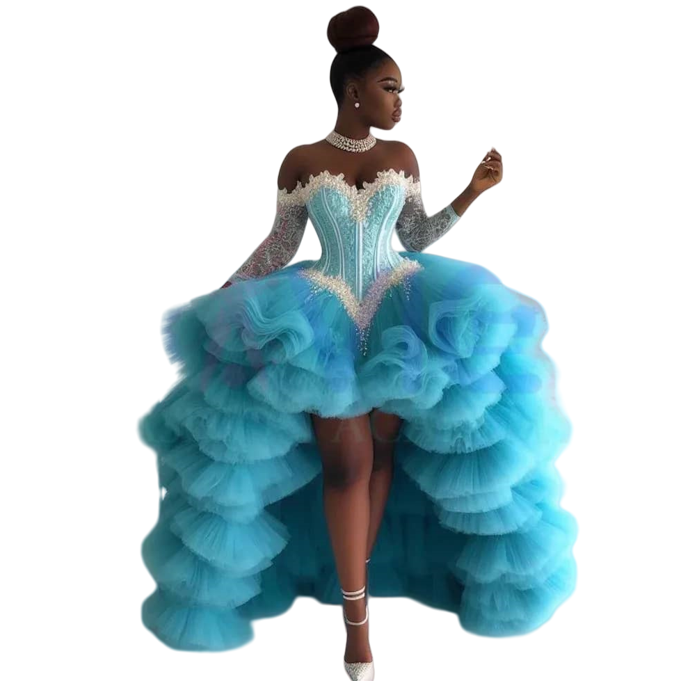 Sky Blue Ball Gown Prom Dresses 2025 Beaded Lace Tulle Tiers Evening Formal Party Second Birthday Engagement Gowns Plus Size Dress For Special Occasio