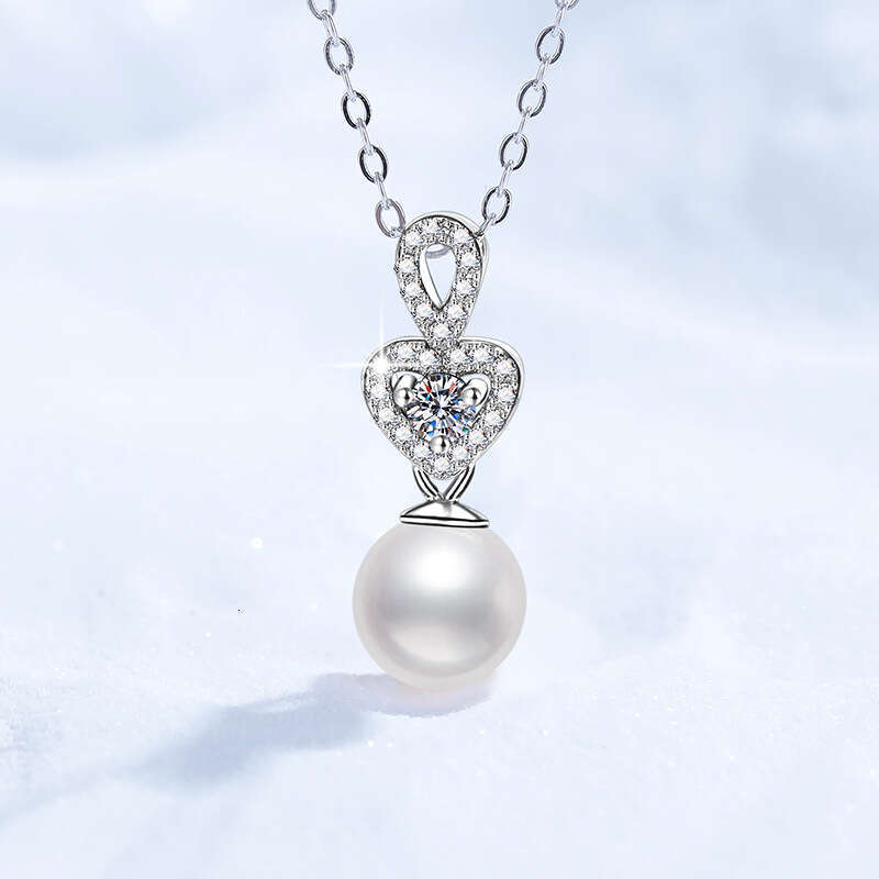 S925 Pure S925ier MoiS925S925anite Necklace Natural FreS925hwater Pearl Aurora Near Round 8mm Heart-S925haped Pendant bdc