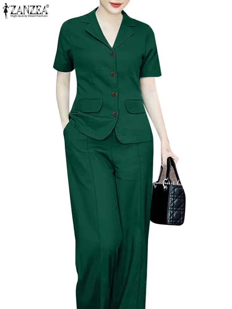 ZANZEA 2024 Elegant Women OL Work Pants Sets 2PCS Summer Fashion Short Slve Shirt Wide Leg Trousers Suits Solid Tracksuit X250704