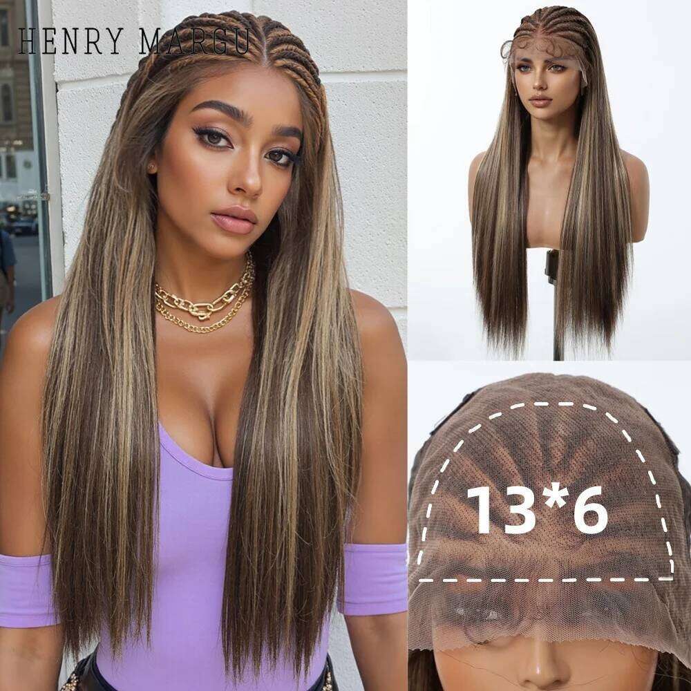 HENRY MARGU 13x6 Front Brown Highlight for Women Pre-Braided Lace Frontal Synthetic Wig Silky Straight Daily Braid Wigs