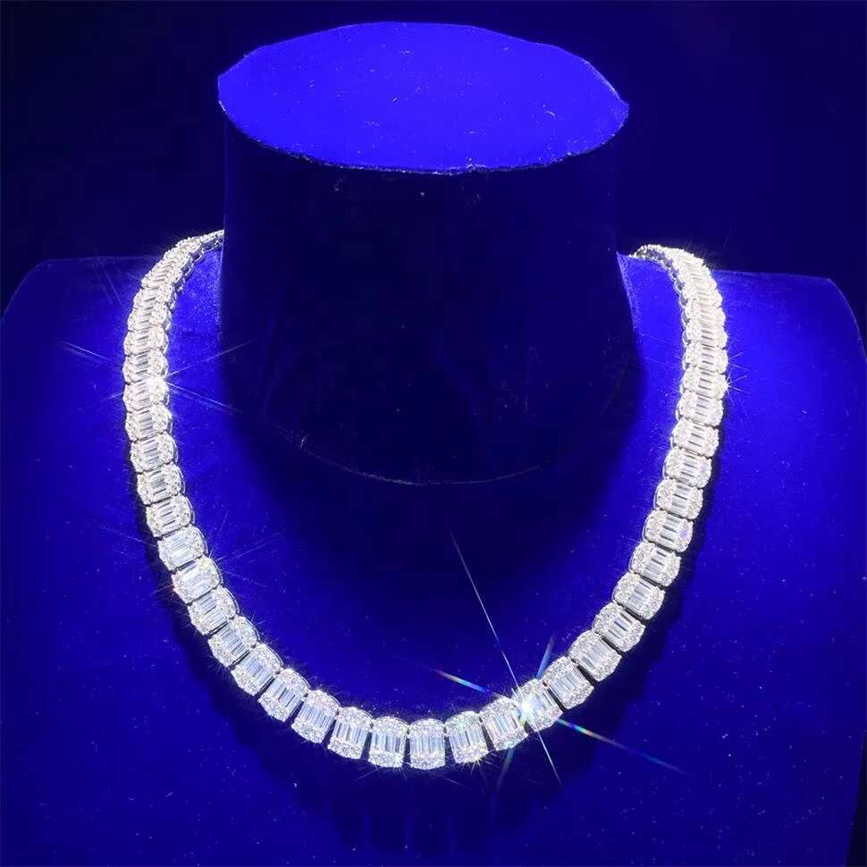 10MM New 14K Gold Plated Iced Out Cz Rectangle Moissanite Link Round Baguette Diamond Hip Hop Tennis Necklace