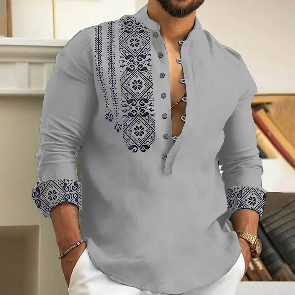 2025 Mens Art Printed Fashion Spring And Summer Long Sleeved Linen Shirt Button Comfortable Fabric Street Trend Roupa Masculina 250704