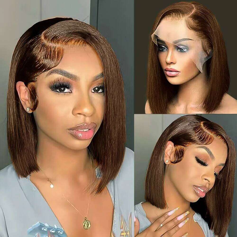 Straight 100% #4 Brown Bob 13x4 HD Lace Frontal Human Hair Wigs 8-16Inch For Women 200% Density