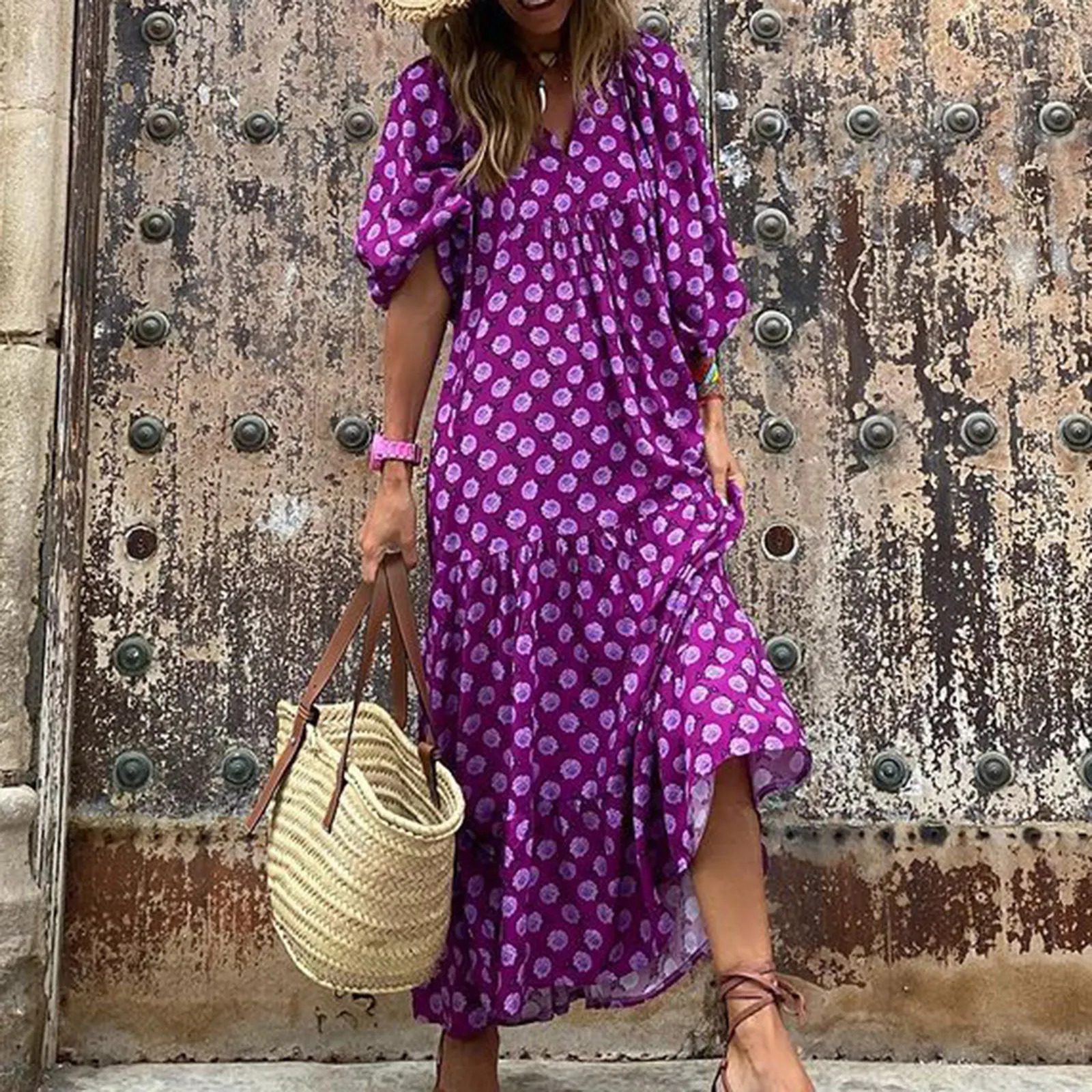 Puff Sleeve Boho Maxi Dress Elegant Women Summer Casual Floral Drawstring V-Neck Loose Holiday Beach Dresses Party Vestidos 250704