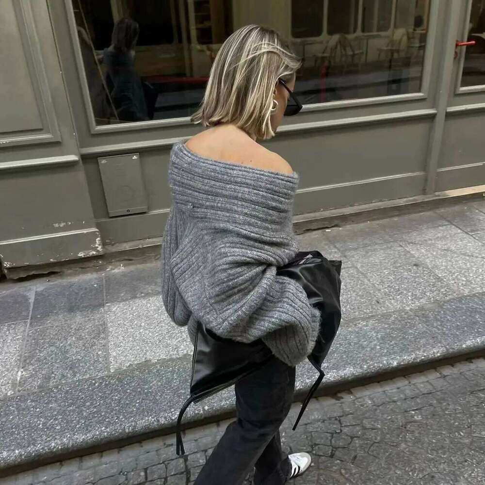 Winter Coffee Rib Knitting Ruched Slash Shoulder Pullover Sweater Women Full Sleeve Loose Thick Knitwear Oversized Jumper Beige 250704