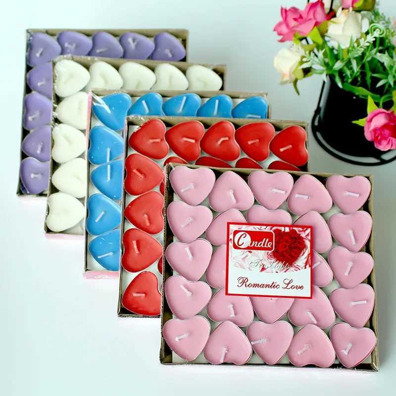 50pcs Heart Aromatherapy Candle Birthday Romantic Smokeless Candle Gift Props Wedding Decoration Round Tea Candle Light Tea Wax W250704